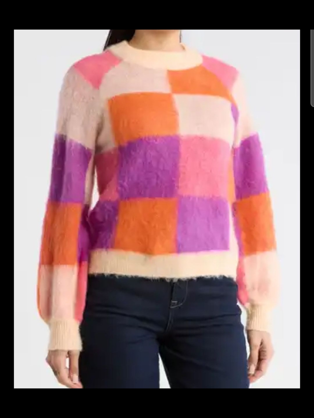 Desigual Checkerboard Fluffy Crewneck Sweater - Pink, Orange & Purple